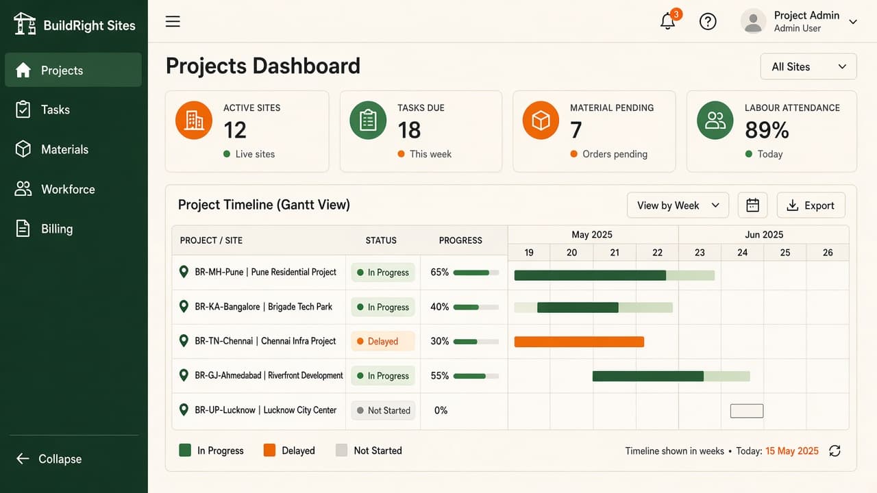 Custom ERP for You — ZemERP web dashboard with left sidebar menus and live cards (engineers reviewing plans on a construction site). Cloud ERP software India.