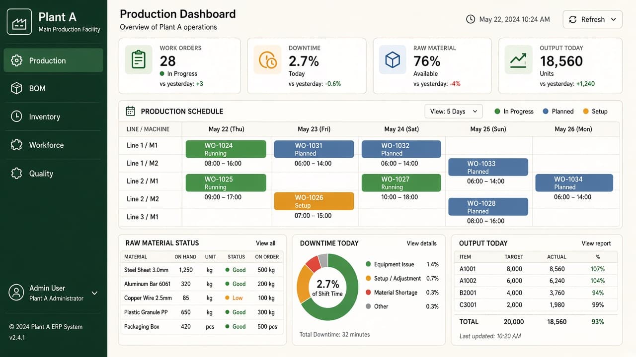Manufacturing ERP — ZemERP web dashboard with left sidebar menus and live cards (workers on an Indian manufacturing shop floor). Cloud ERP software India.
