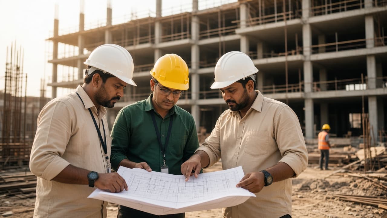 Custom ERP for You in India — engineers reviewing plans on a construction site. Cloud ERP by ZemERP.