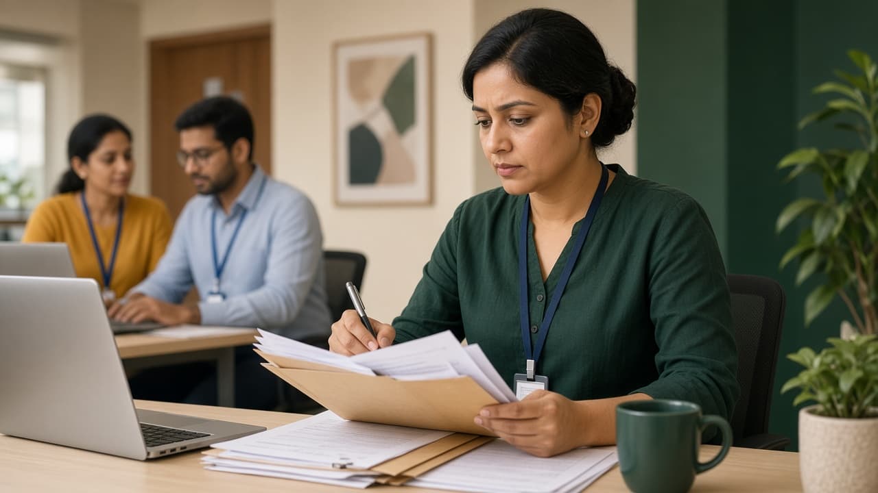 HRMS Software in India — HR staff managing employee records in an office. Cloud ERP by ZemERP.