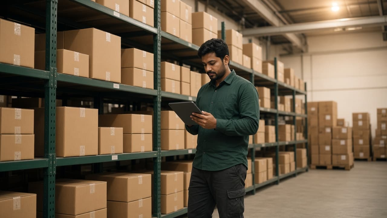 Inventory Management Software in India — warehouse staff checking inventory on shelves. Cloud ERP by ZemERP.
