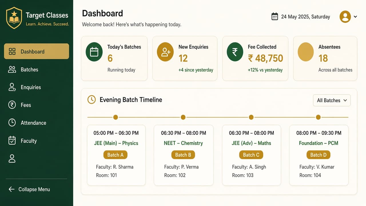 ERP for Coaching Centers — ZemERP web dashboard with left sidebar menus and live cards (students in a coaching classroom). Cloud ERP software India.