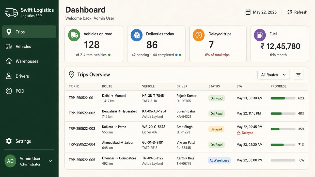 Inventory and Purchase Solution — ZemERP web dashboard with left sidebar menus and live cards (trucks loading at a warehouse dock). Cloud ERP software India.