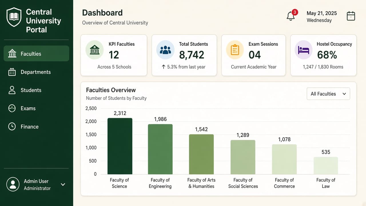 Education Management Software — ZemERP web dashboard with left sidebar menus and live cards (wide Indian university campus with faculty buildings). Cloud ERP software India.