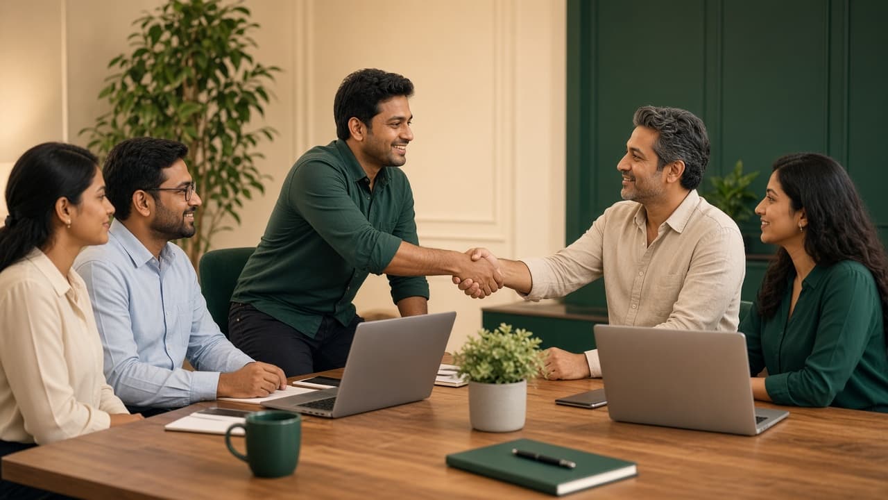 Consulting ERP in India — sales team meeting a client with laptops. Cloud ERP by ZemERP.