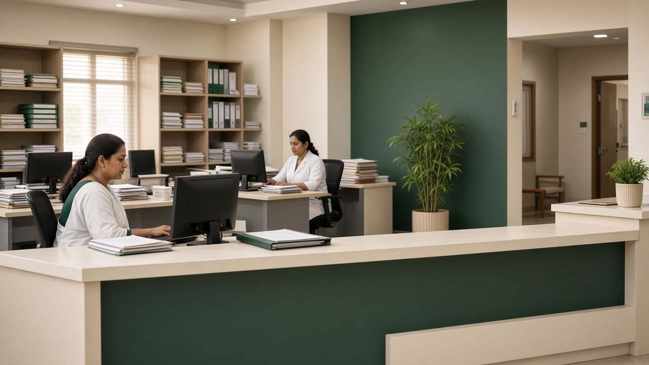 ERP for Hospitals in India — hospital admin office managing staff and records. Cloud ERP by ZemERP.