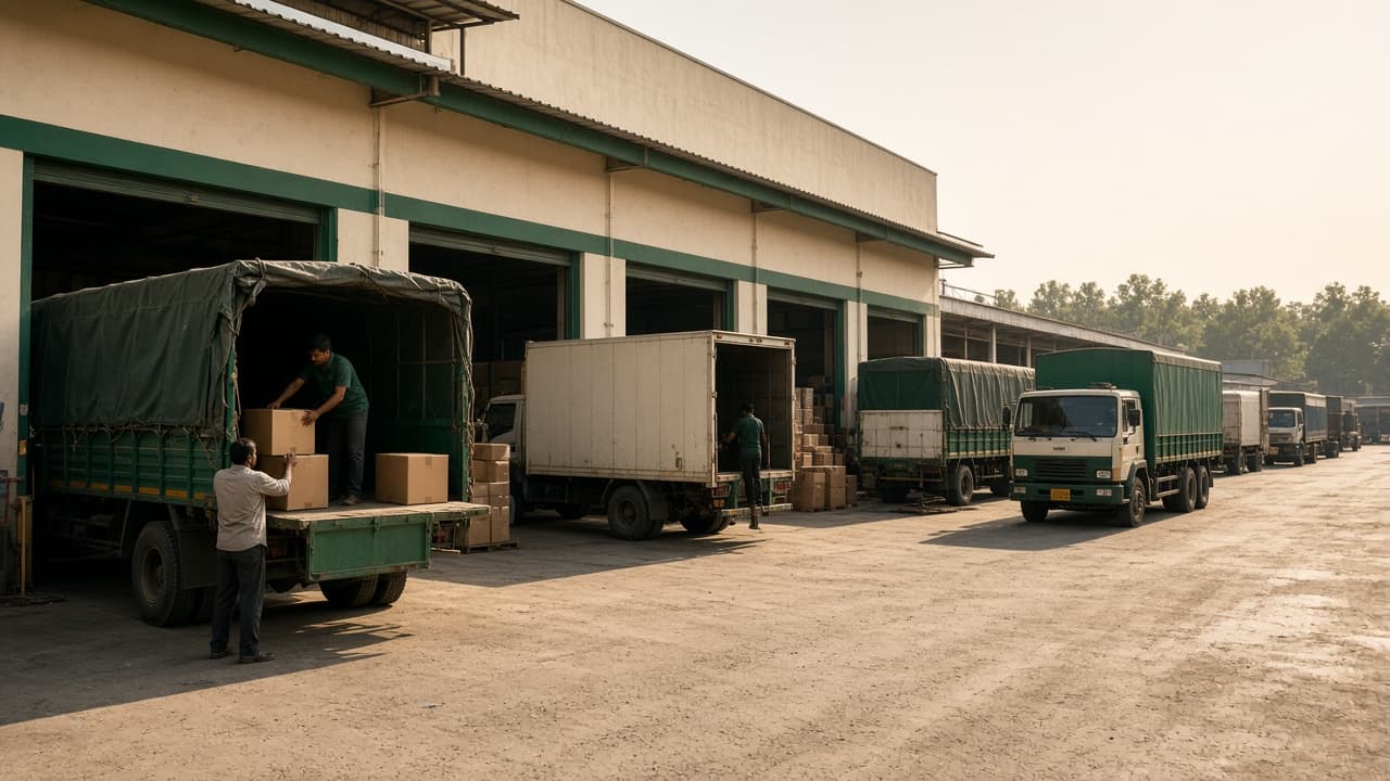 Inventory and Purchase Solution in India — trucks loading at a warehouse dock. Cloud ERP by ZemERP.