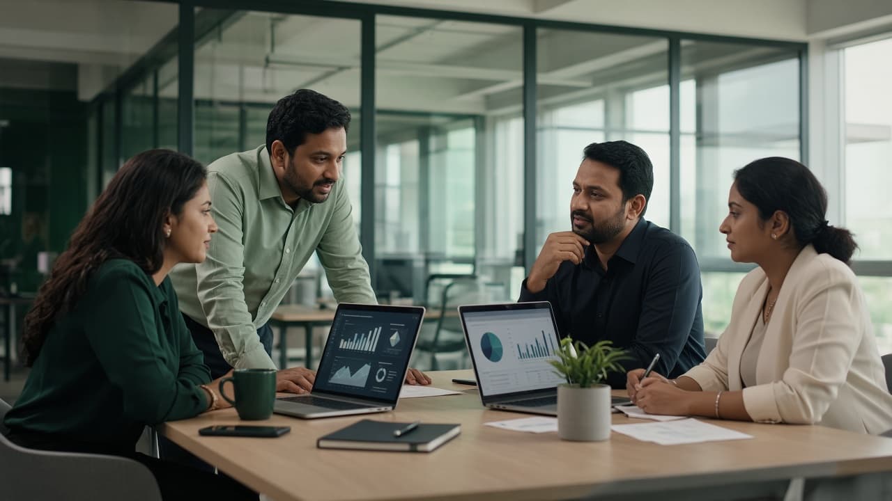 Corporate ERP software in India — office teams managing HR, finance and operations on laptops. Cloud ERP by ZemERP.
