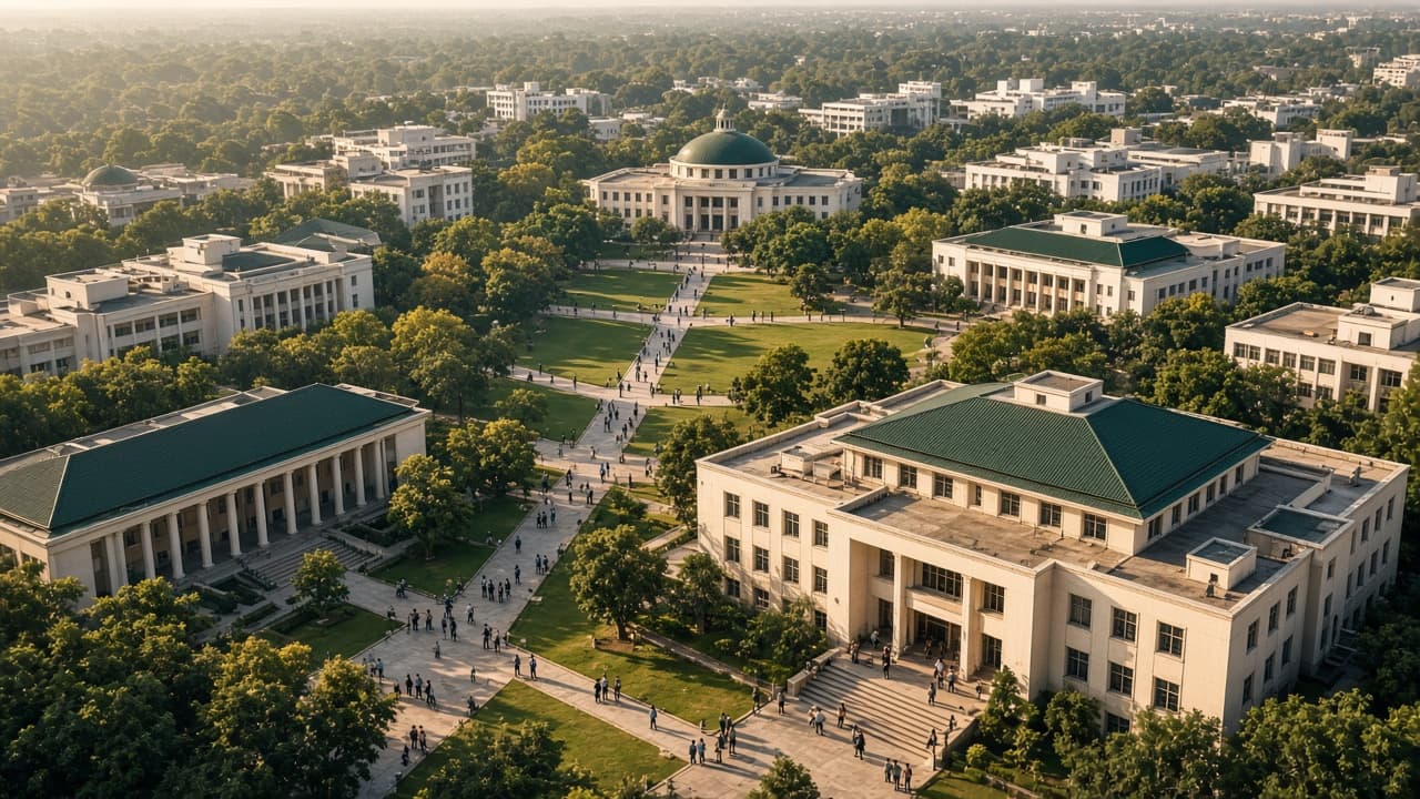 Education Management Software in India — wide Indian university campus with faculty buildings. Cloud ERP by ZemERP.