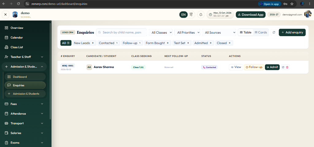 LEAD CRM Enquiries — Enquiries list (#ENQ-0001 Aarav Sharma), filter by Class/Priority/Source, and 1-click 'Admit' button
