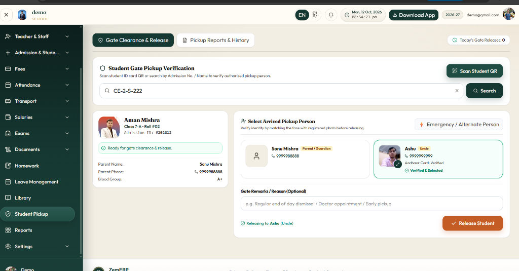 Student Gate Pickup Verification — Live QR/ID search, photo matching of authorized guardians, emergency pickup & secure release log