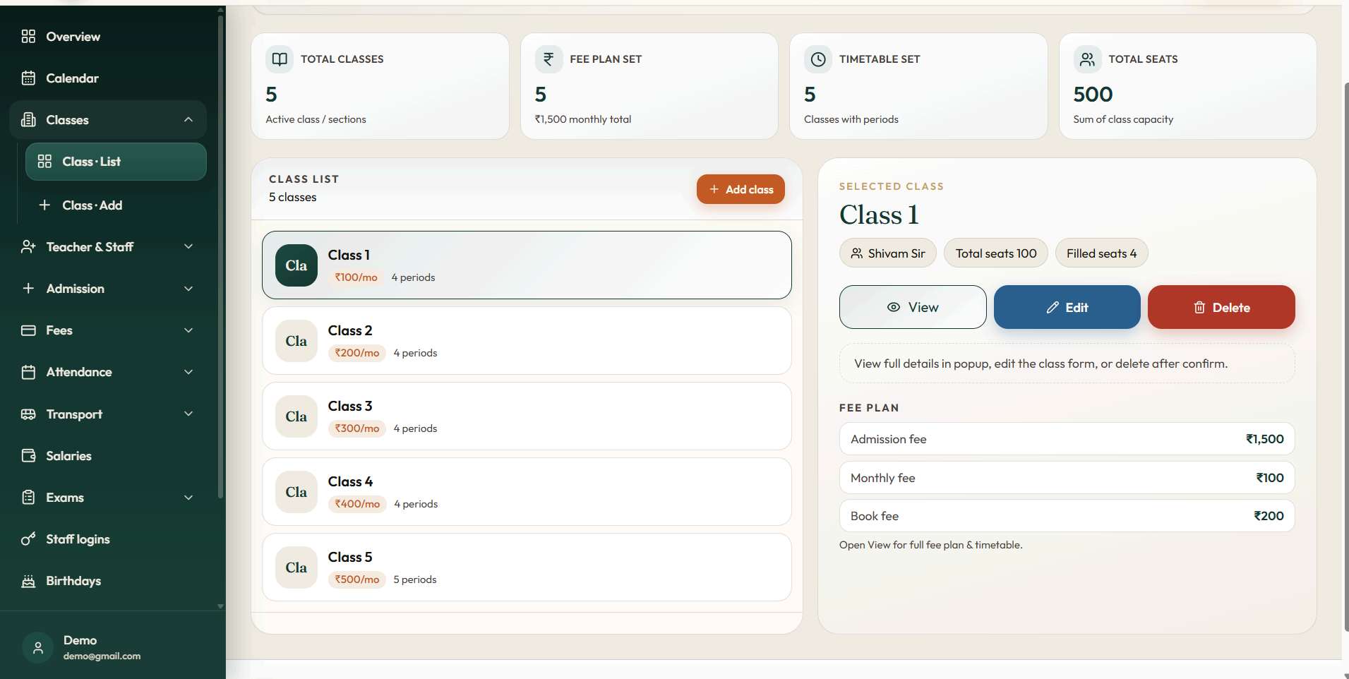 Class List — Classes dekhein, fee details check karein aur edit/delete karein