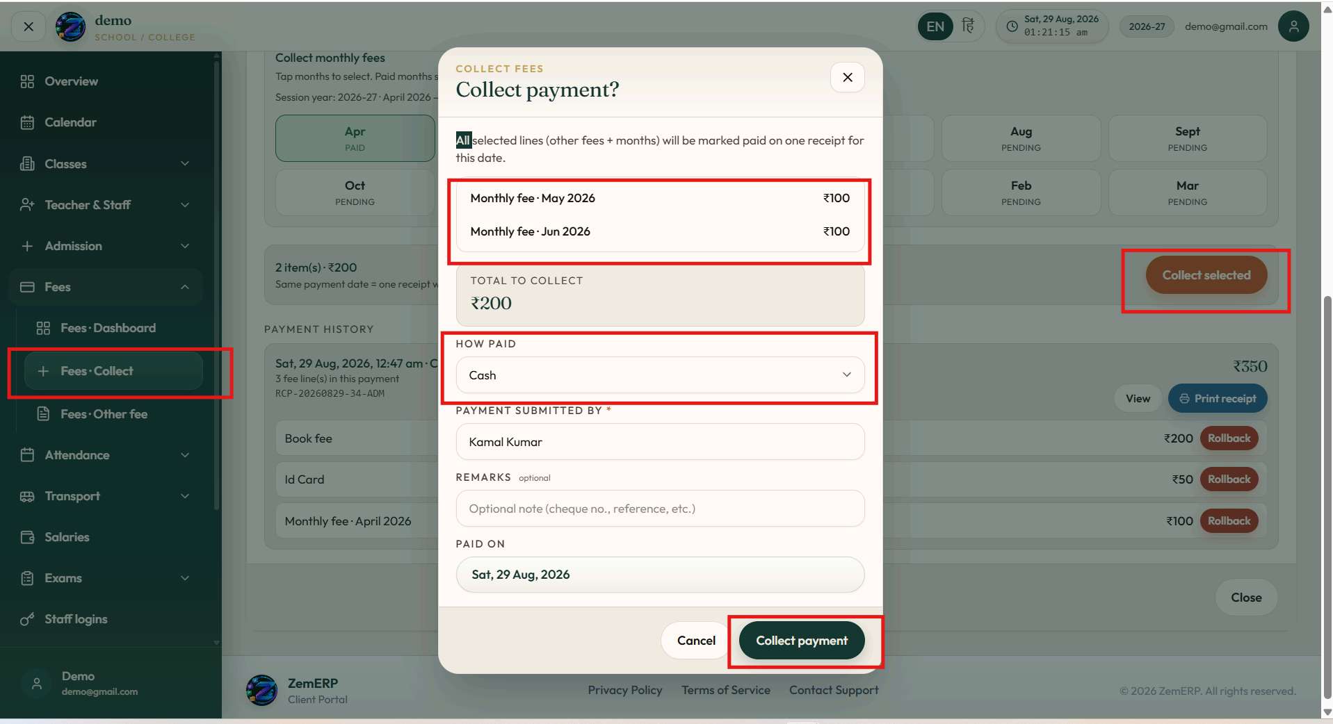 Collect Fees Popup — Payment method select karein aur receipt print karein