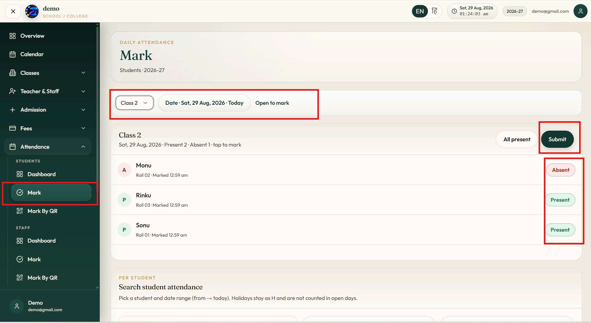 Mark Attendance — 1-Click All Present, absent check, then Submit