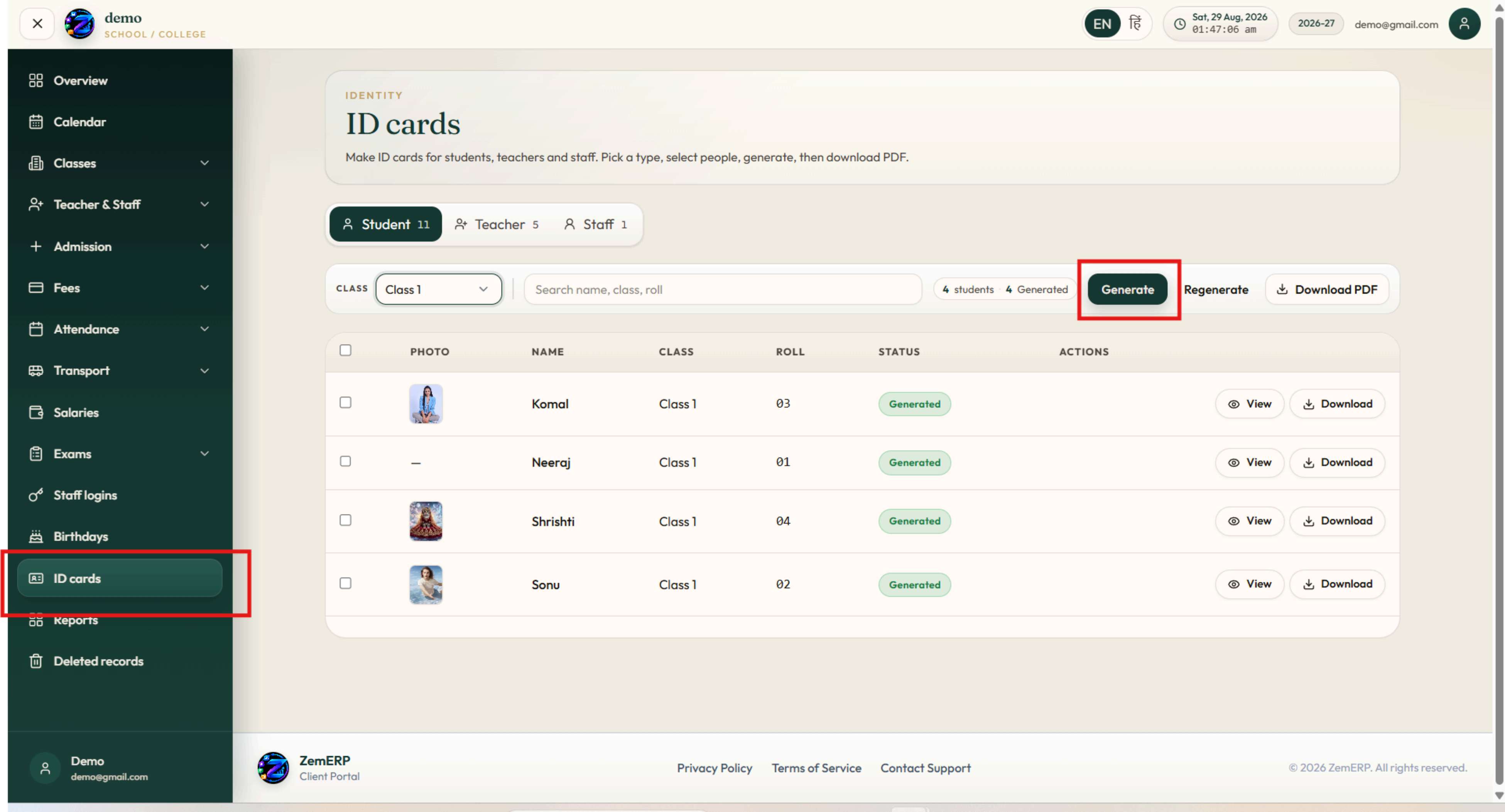 ID Cards Hub — Select students, Generate, Download PDF