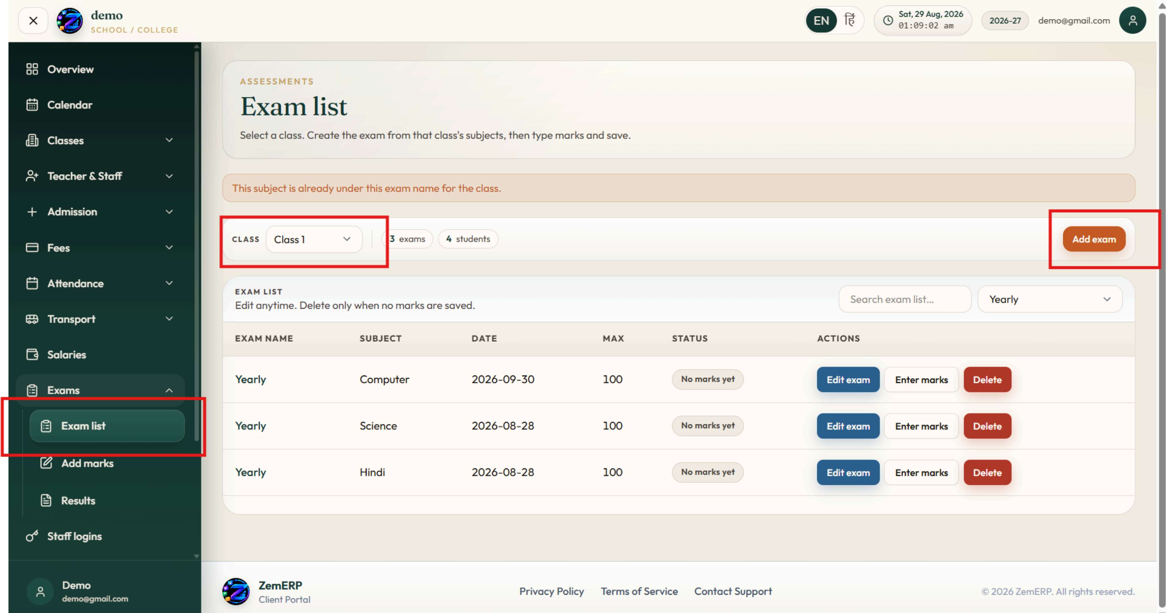 Exam List — Class select, Add exam, Enter marks and results